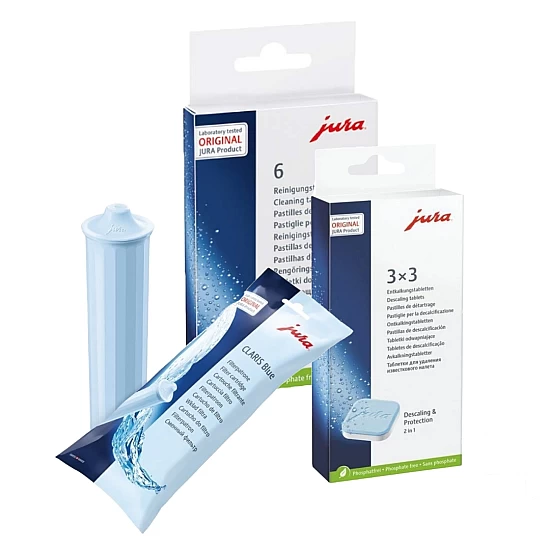 Jura Pflegeset Blau Filterpatronen + Entkalkungstabletten + Reinigungstabletten Jura Pflegeset Blau Filterpatronen + Entkalkungstabletten + Reinigungstabletten