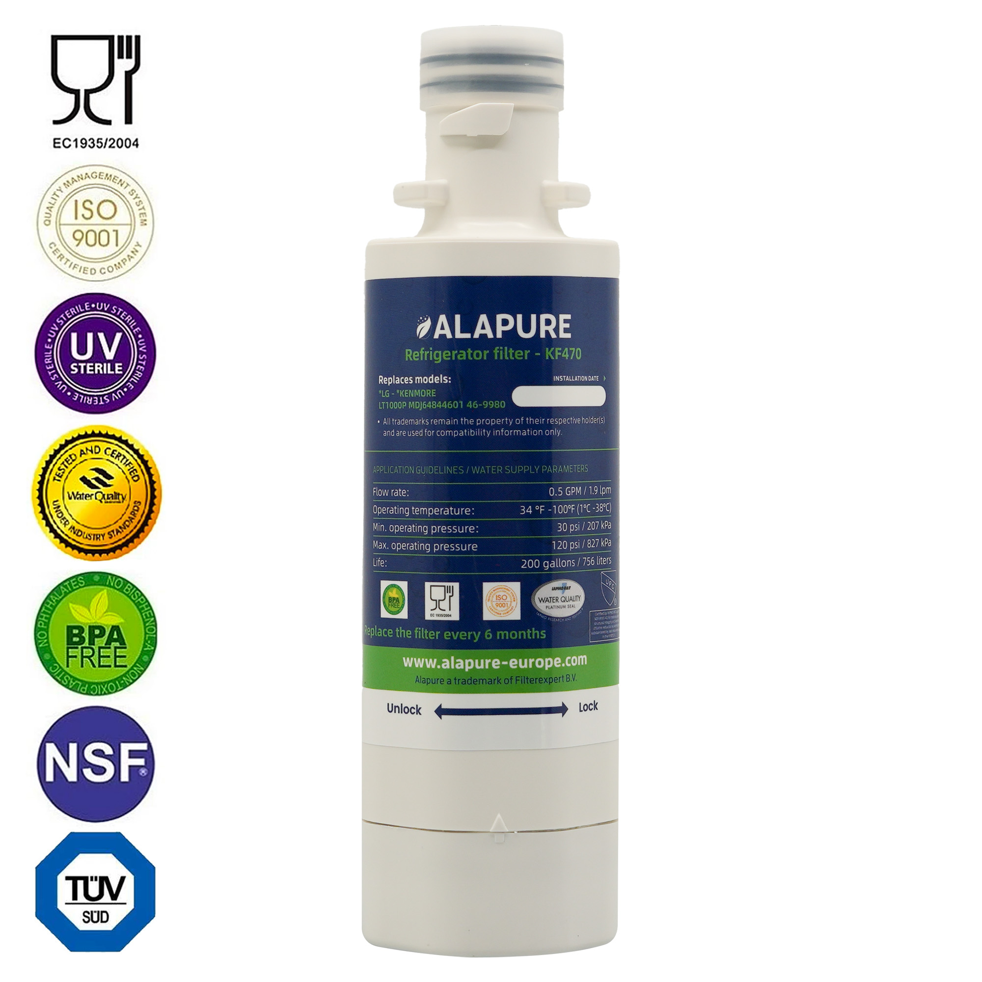 Alapure KF470 Wasserfilter Geeignet Für Lg ADQ747935 / LT1000P / AGF80300704 / ADQ74793501 / ADQ747935
